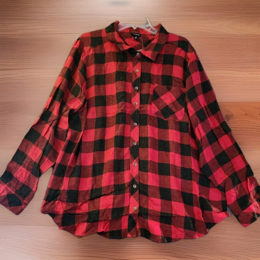 Torrid Taylor Brushed Flannel  Button Up‎ Tunic Buffalo Check Plaid Boho 3X NWT